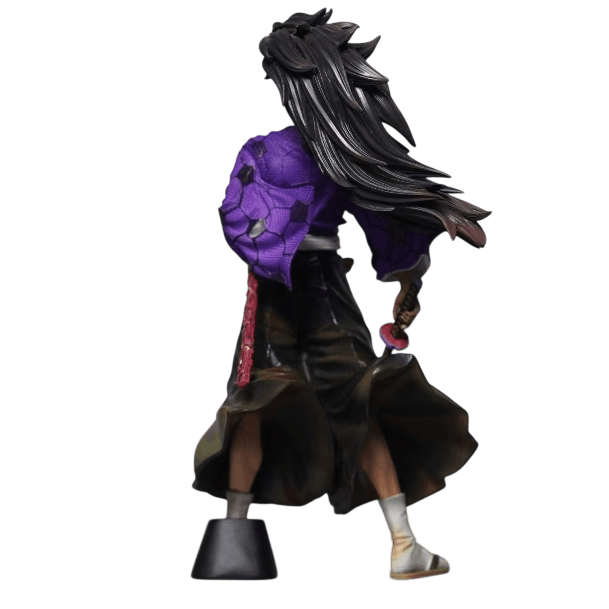 Figurine Kokushibō vue de dos, chevelure noire ouverte en mèches et haori violet