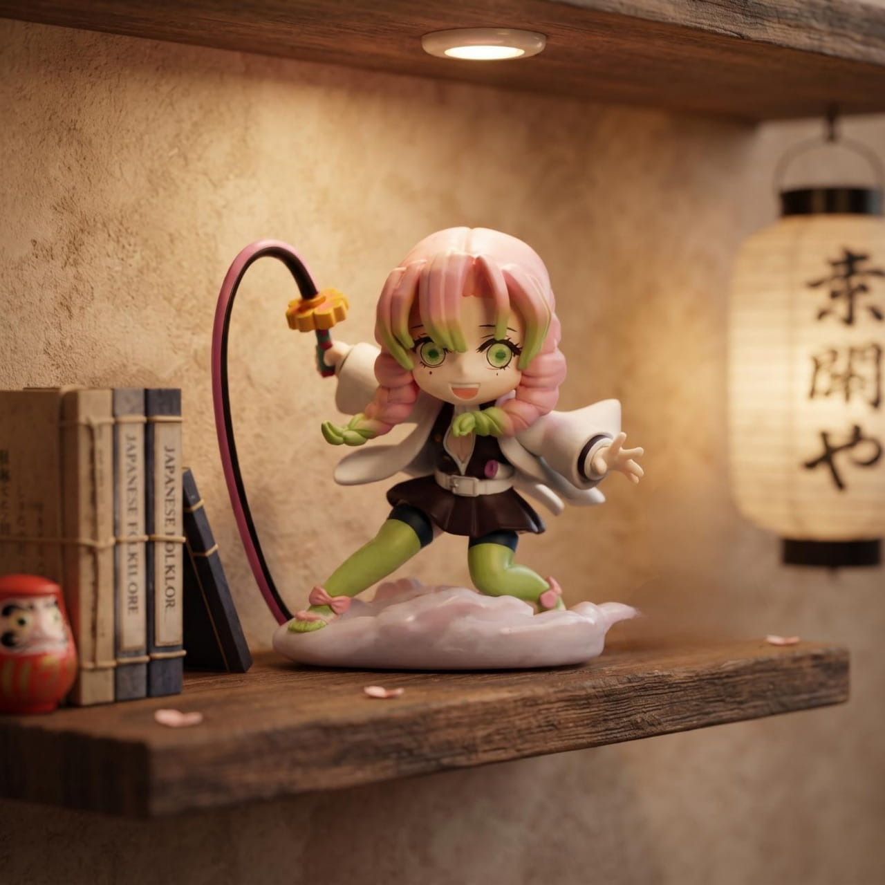 Figurine chibi Mitsuri Kanroji — lame souple enroulée comme un ruban — Demon Slayer, étagère (décor non inclus)