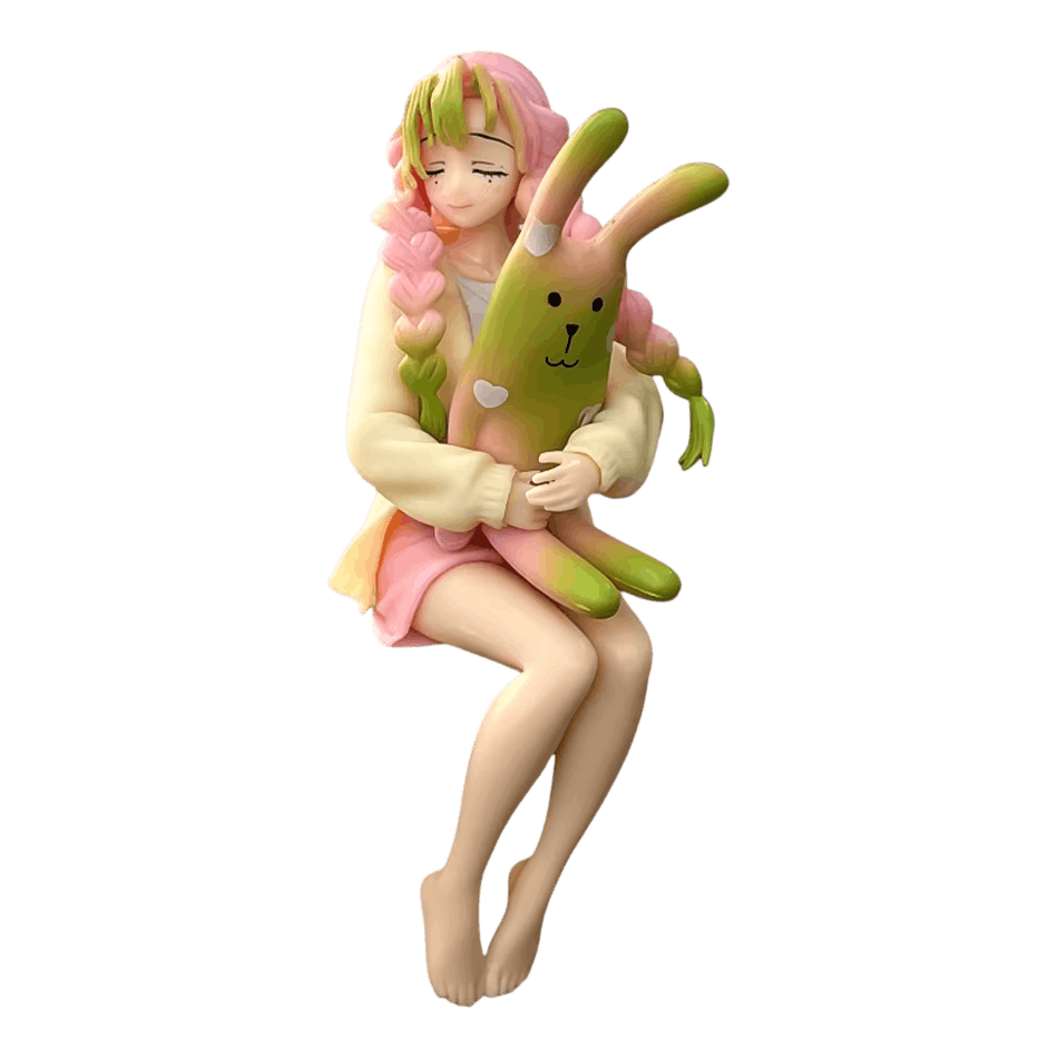 Figurine Demon Slayer Mitsuri Kanroji assise serrant sa peluche lapin - face