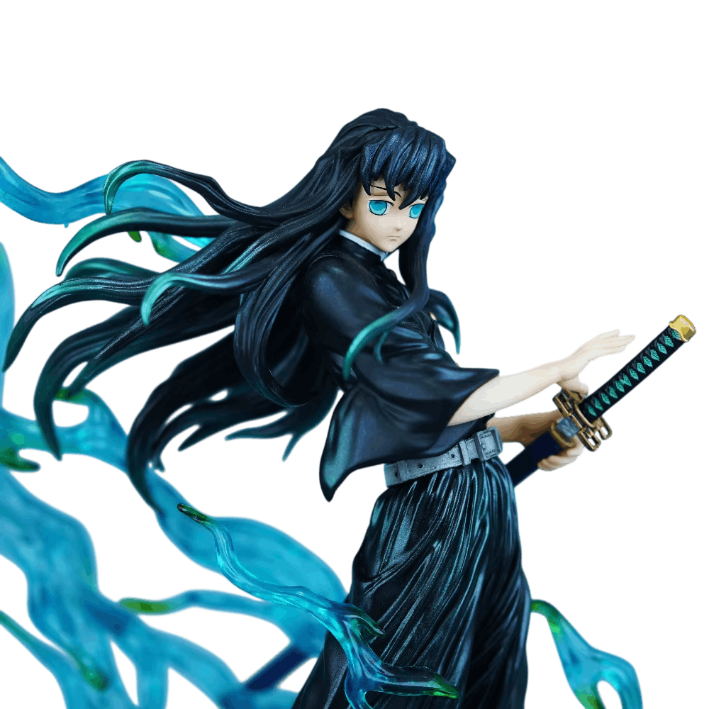 Gros plan sur la figurine Muichiro Tokito : chevelure aux pointes turquoise et katana dégainé
