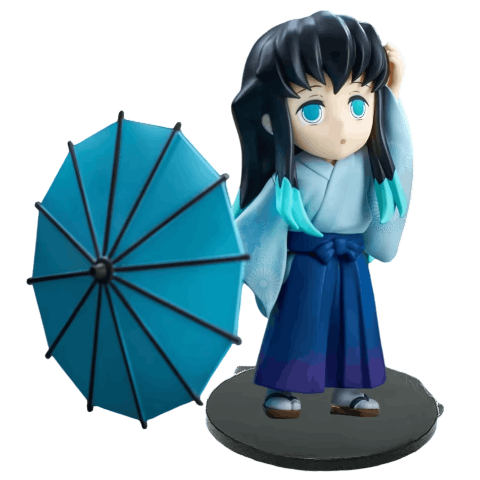 Figurine Demon Slayer Muichiro Tokito en yukata et son ombrelle bleue - face