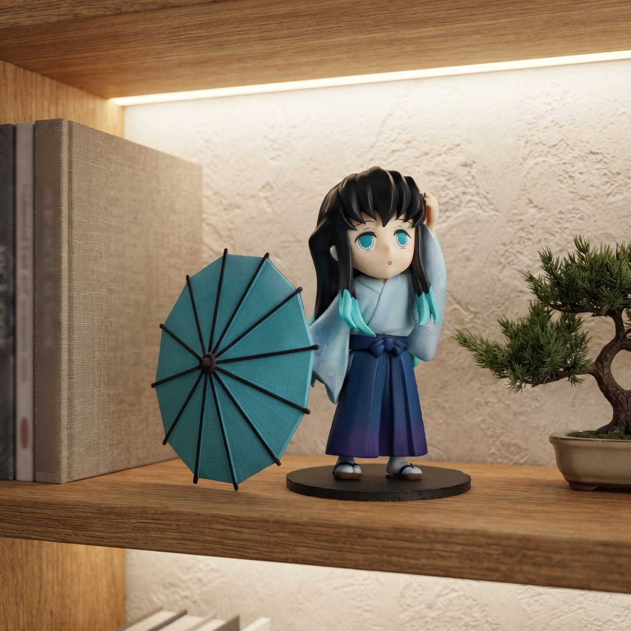 Figurine Muichiro Tokito en yukata avec son ombrelle, exposée sur une étagère (décor non inclus)