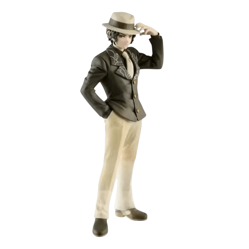 Figurine Muzan Kibutsuji Demon Slayer de face : veste vert olive aux revers brodés, chapeau beige, une main au bord du chapeau