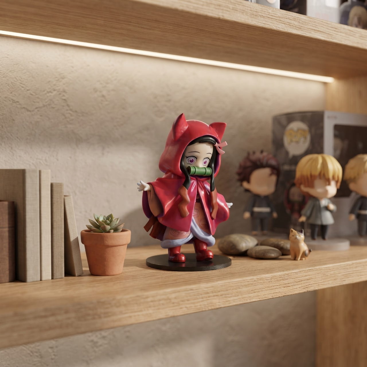 Figurine Nezuko Kamado en manteau à capuche, exposée sur une étagère (décor non inclus)
