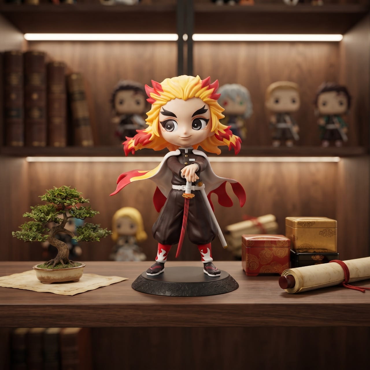 Figurine Rengoku Kyojuro debout avec son katana, exposée sur une étagère (décor non inclus)