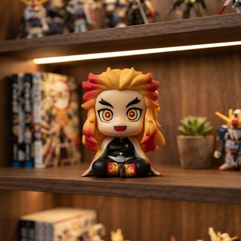 Figurine chibi Rengoku Kyojuro assis, exposée sur une étagère (décor non inclus)