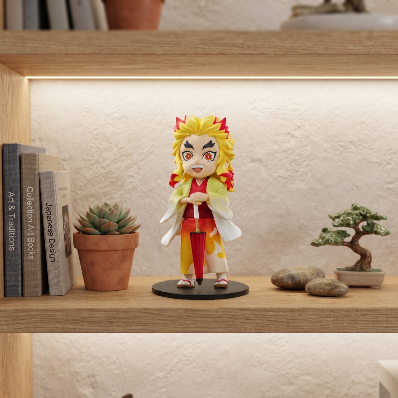 Figurine Rengoku Kyojuro en yukata avec son ombrelle, exposée sur une étagère (décor non inclus)