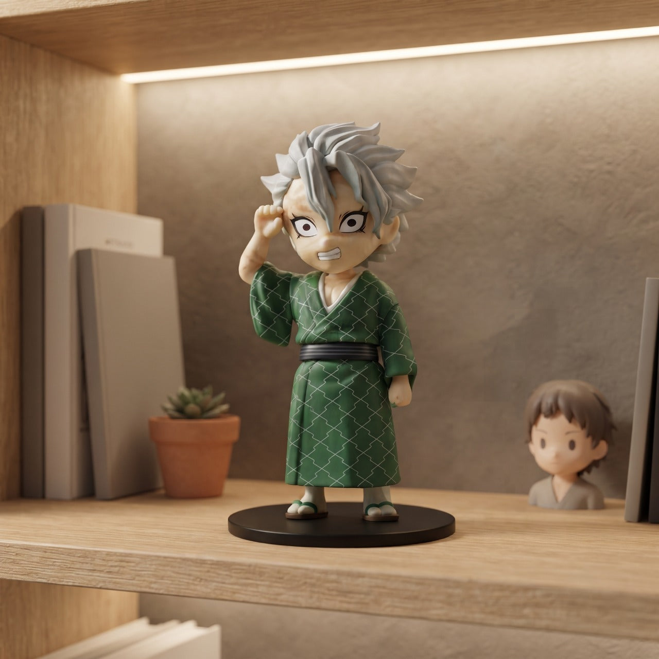 Figurine Sanemi Shinazugawa en yukata vert, exposée sur une étagère (décor non inclus)