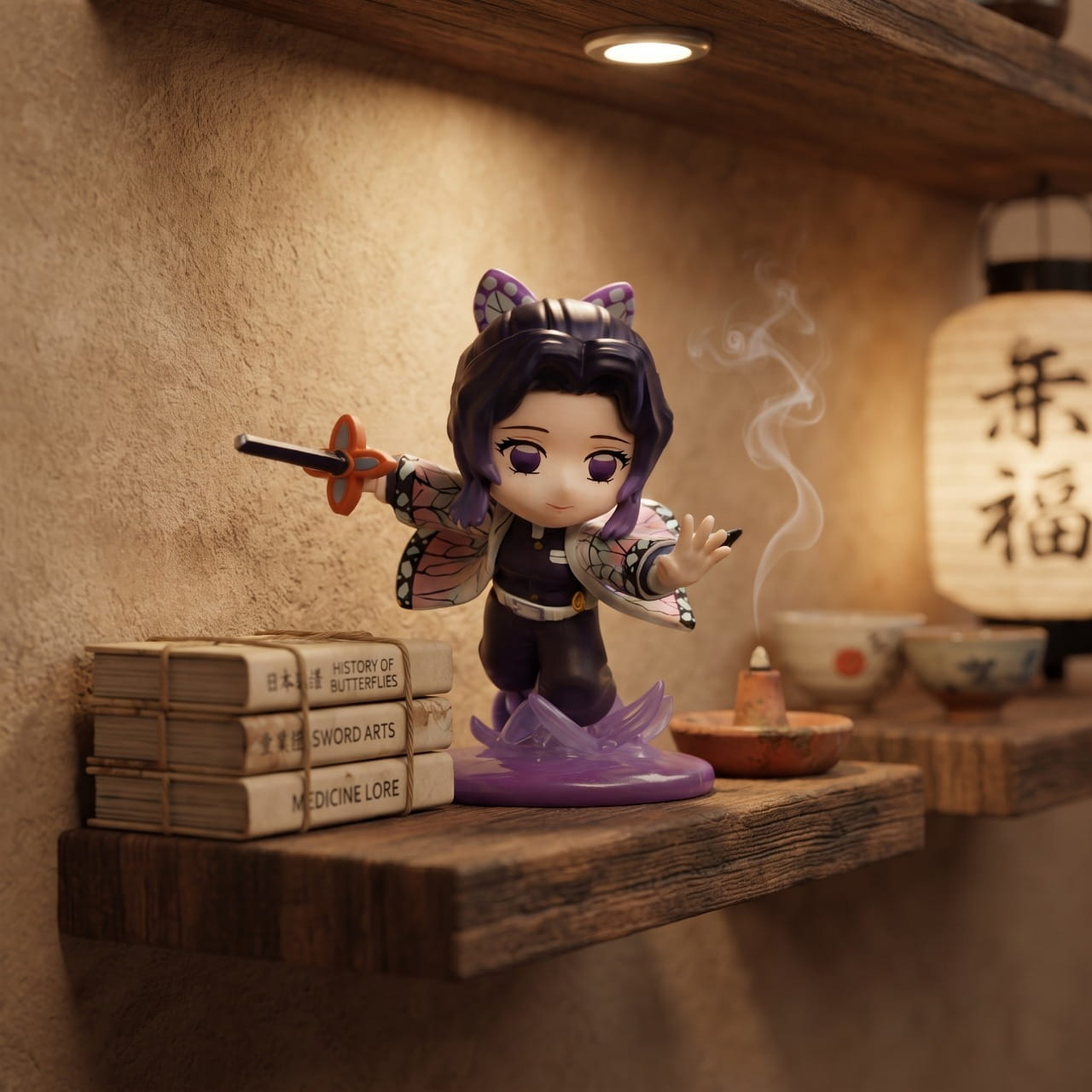 Figurine chibi Shinobu Kocho — haori à ailes de papillon, socle de pétales mauves — Demon Slayer, étagère (décor non inclus)