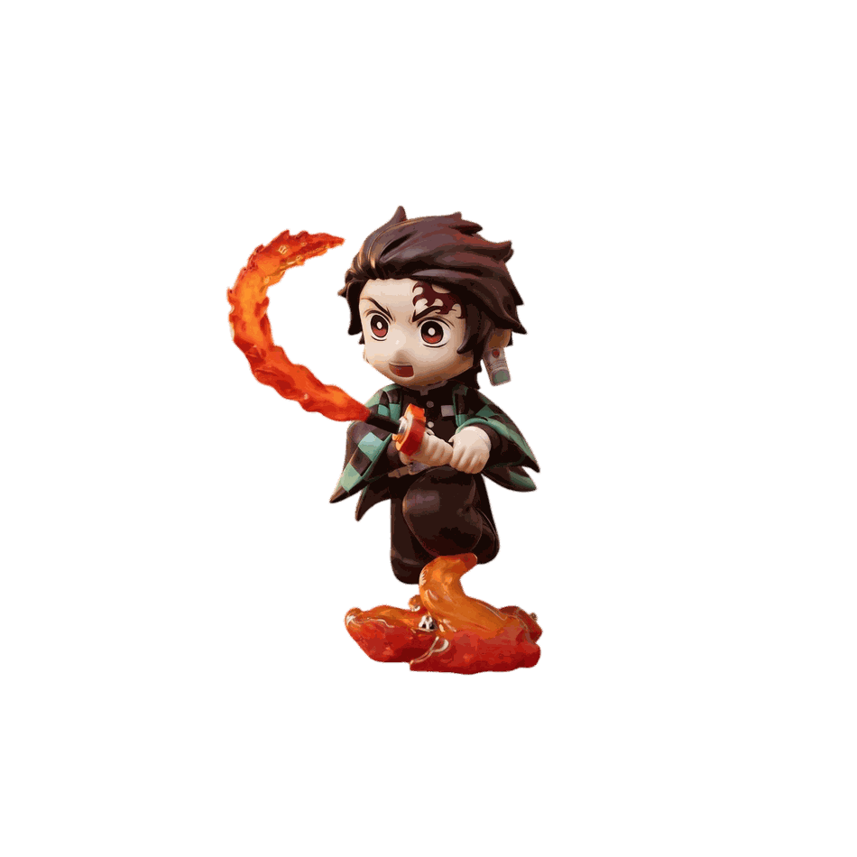 Figurine chibi Tanjiro Kamado vue de face — lame enroulée d'une flamme orange translucide — Demon Slayer, PVC peint