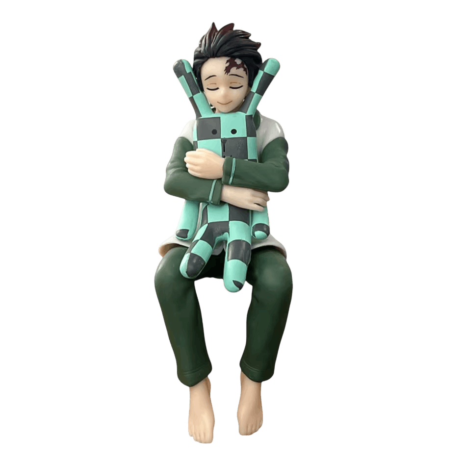 Figurine Demon Slayer Tanjiro Kamado assis serrant sa peluche - face