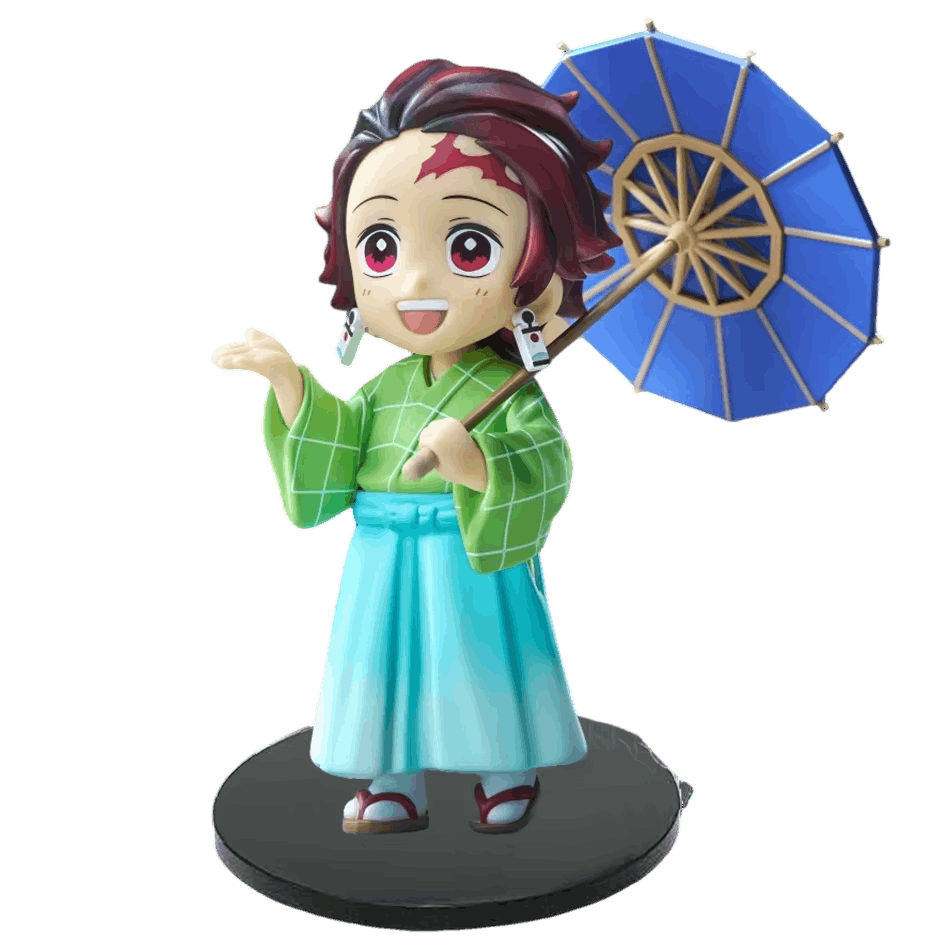Figurine Demon Slayer Tanjiro Kamado en yukata vert et son ombrelle bleue - face