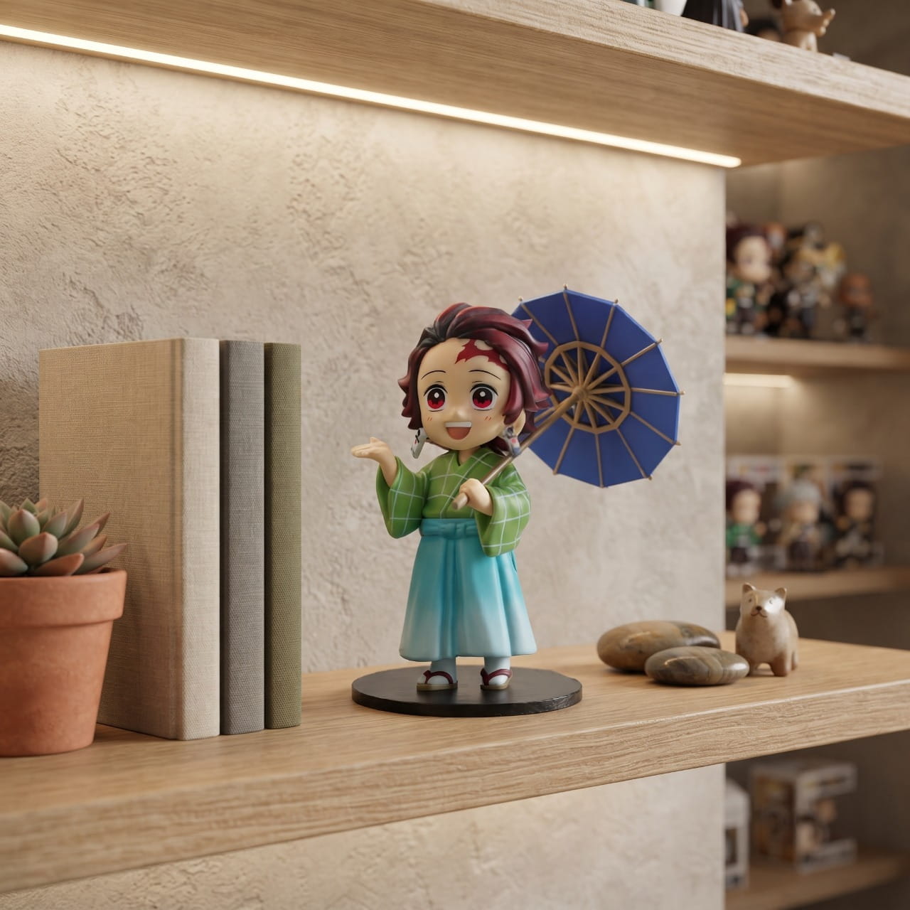 Figurine Tanjiro Kamado en yukata avec son ombrelle, exposée sur une étagère (décor non inclus)