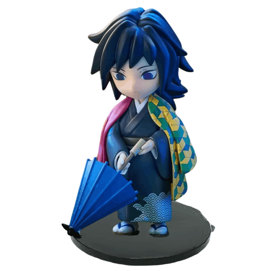 Figurine Demon Slayer Tomioka Giyu en yukata bleu et son ombrelle - face