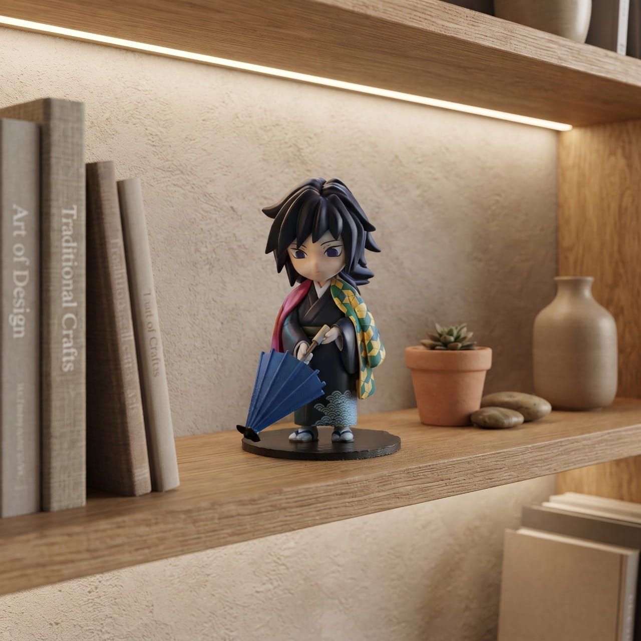 Figurine Tomioka Giyu en yukata avec son ombrelle, exposée sur une étagère (décor non inclus)