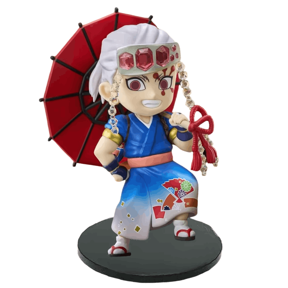 Figurine Demon Slayer Uzui Tengen en yukata bleu et son ombrelle rouge - face