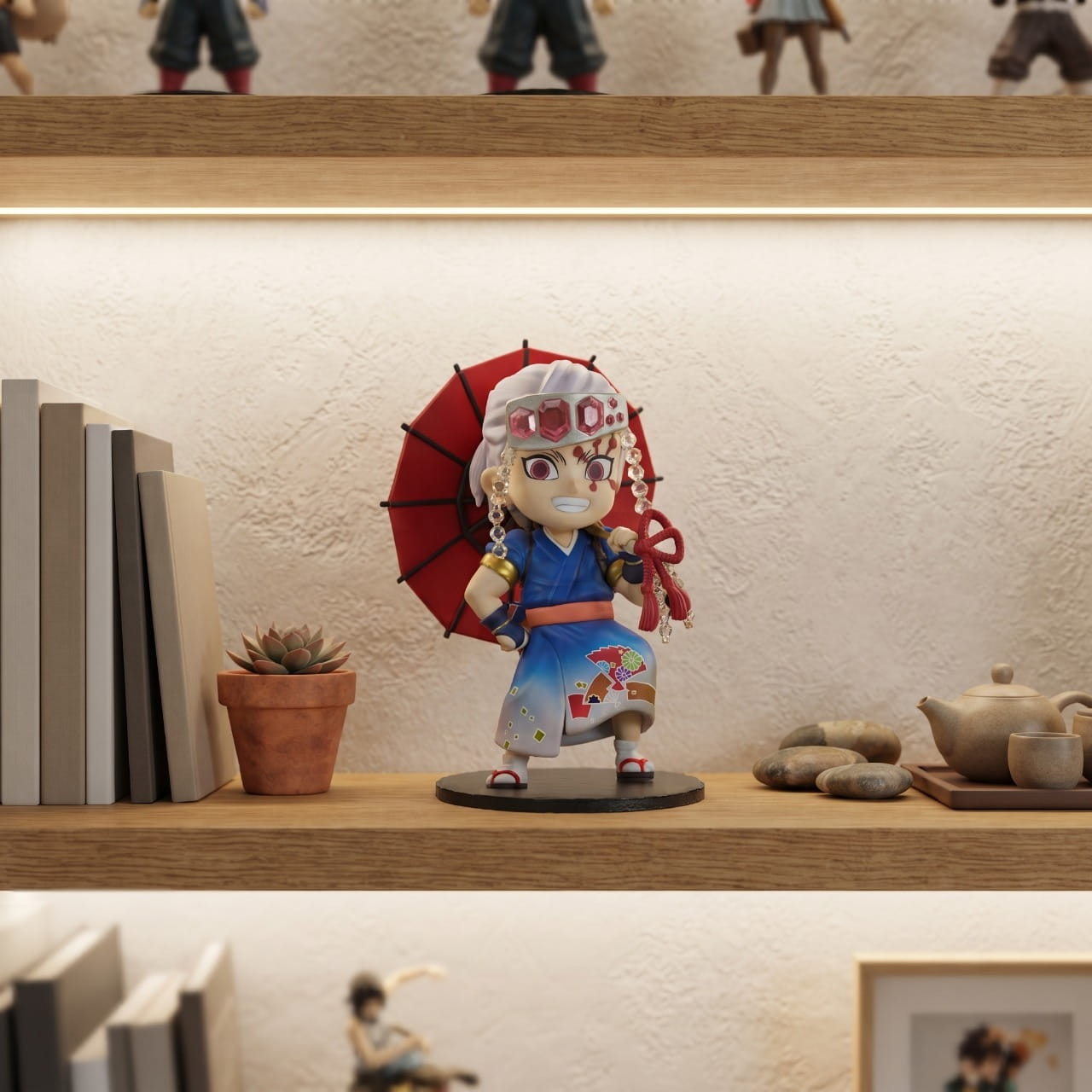 Figurine Uzui Tengen en yukata avec son ombrelle, exposée sur une étagère (décor non inclus)