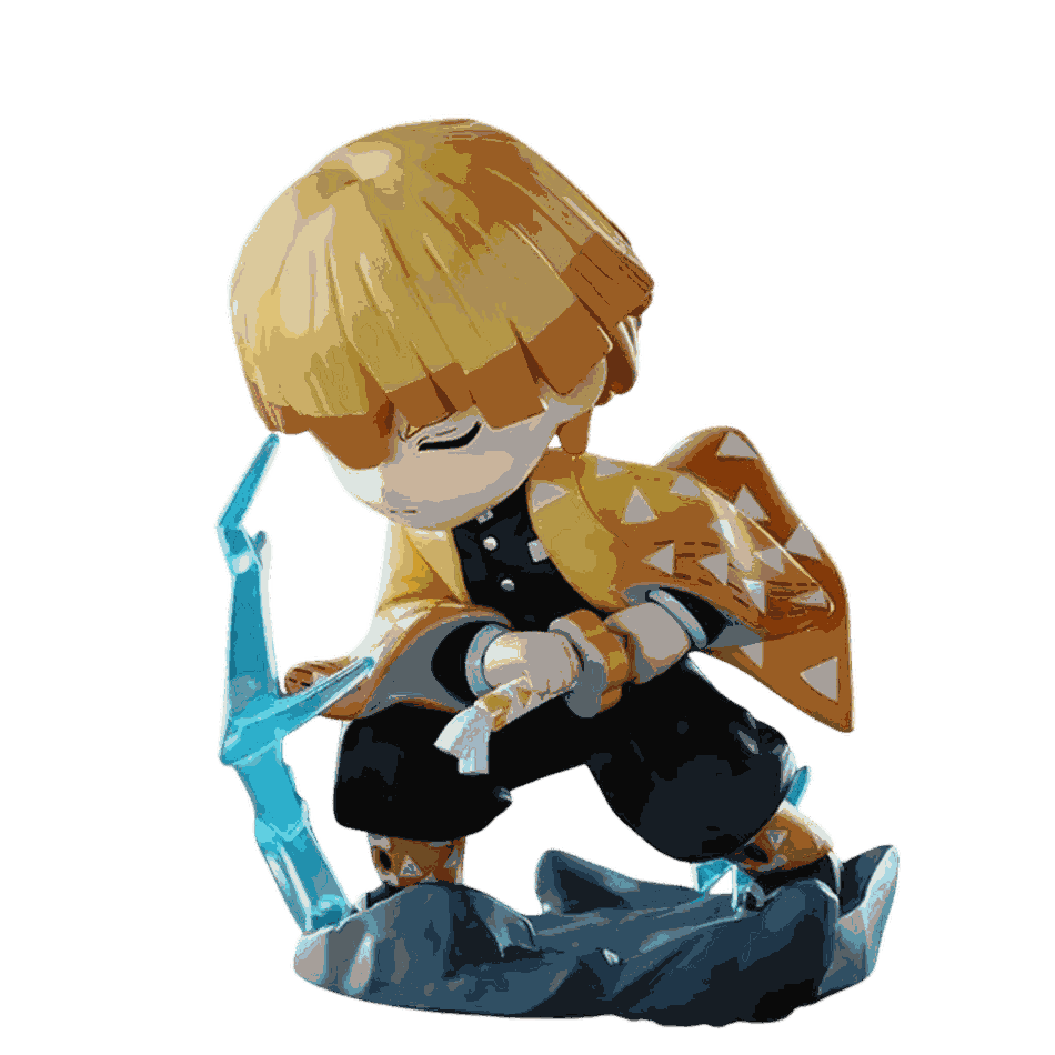 Figurine chibi Zenitsu Agatsuma vue de face — éclair bleu translucide le long de la lame — Demon Slayer, PVC peint