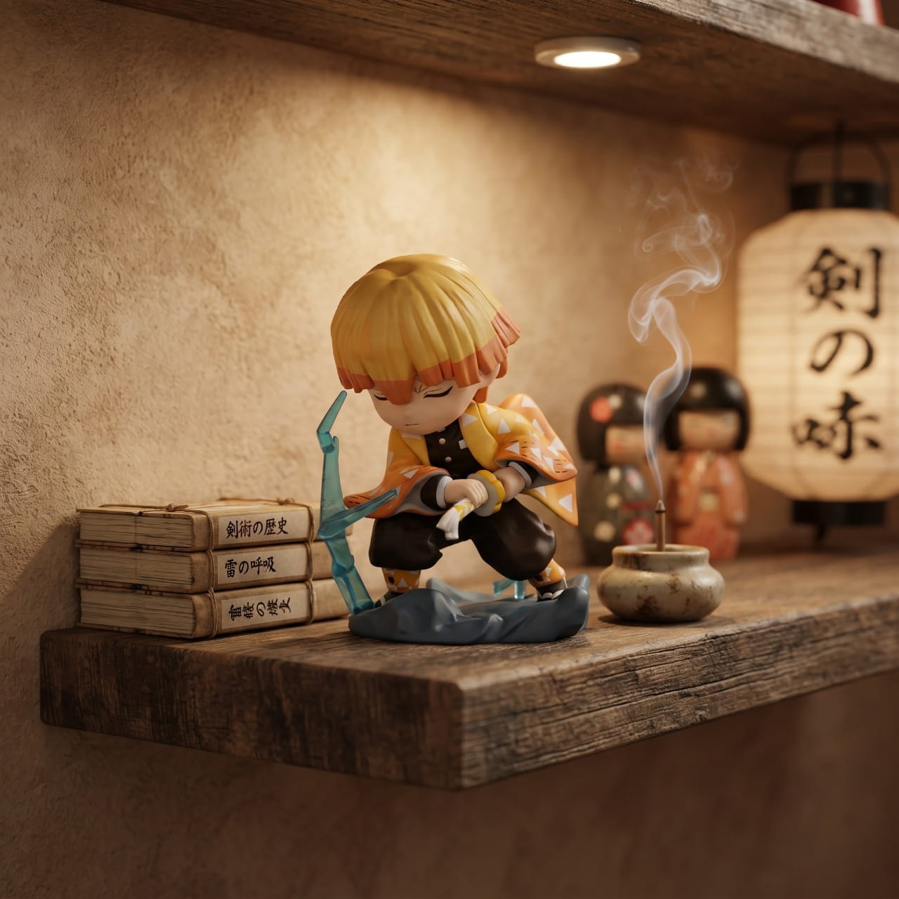 Figurine chibi Zenitsu Agatsuma — haori orange à triangles blancs — Demon Slayer, étagère (décor non inclus)