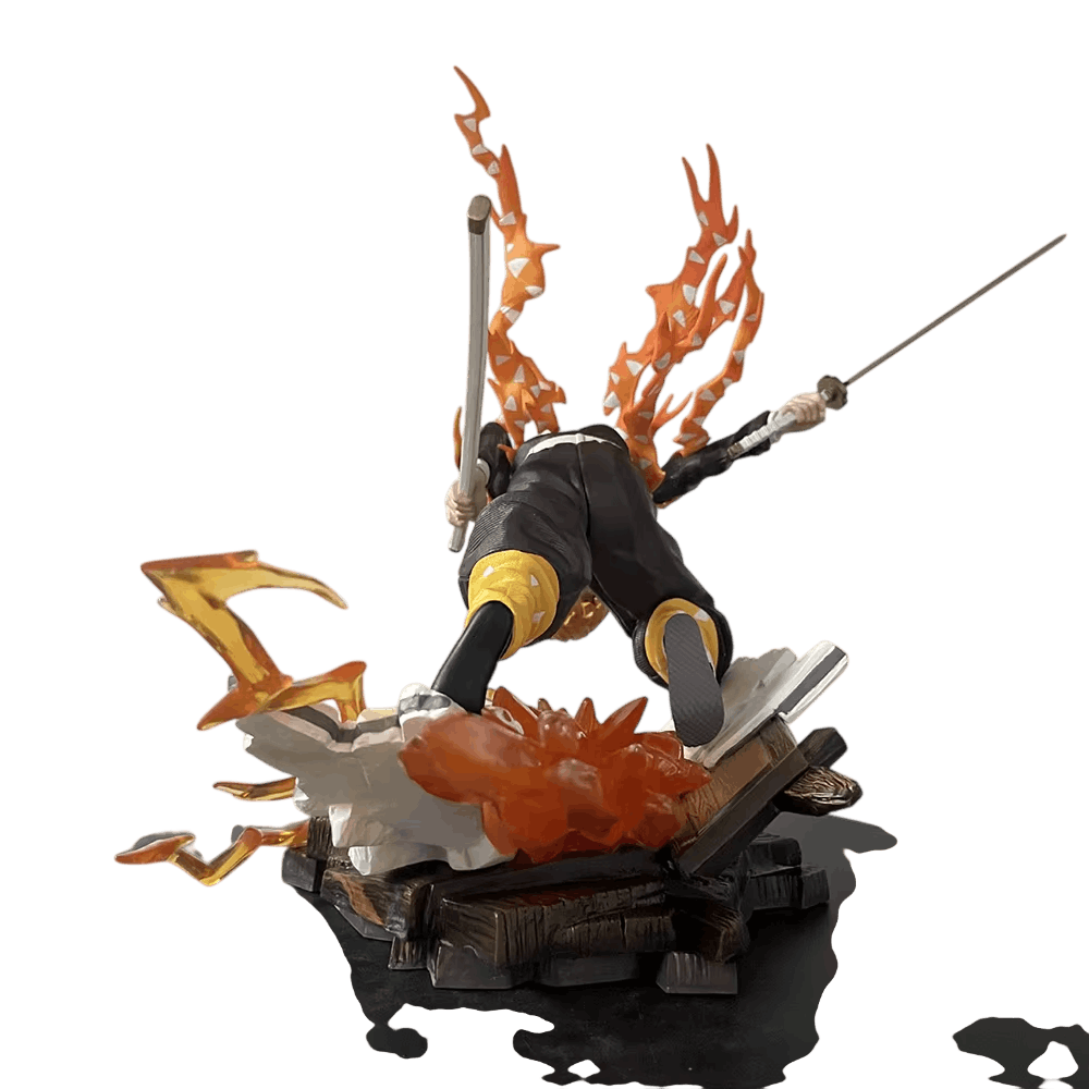 Demon Slayer Zenitsu figure 28 cm rear view: yellow and orange haori rising behind the character, torn into tongues of lightning