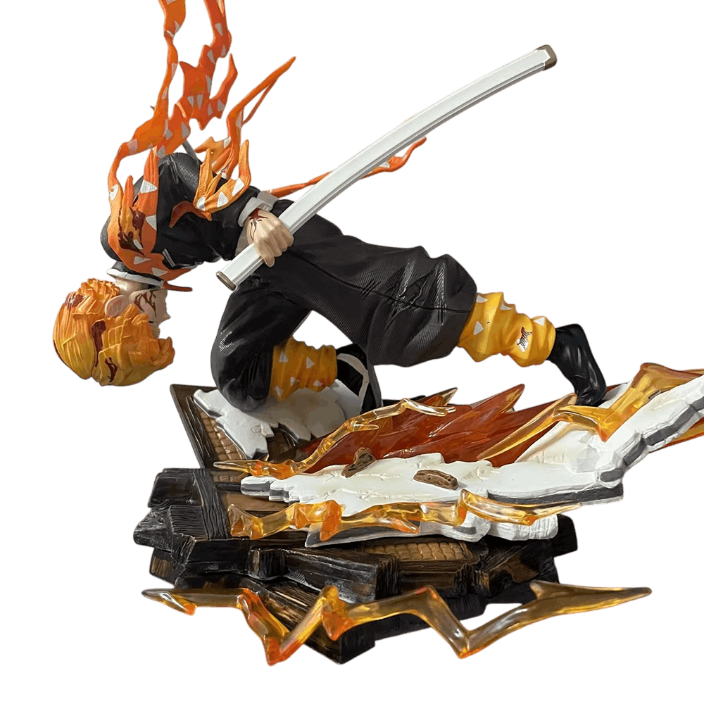 Demon Slayer Zenitsu figure 28 cm three-quarter view: black uniform jacket, yellow haori with triangles wrapped around the legs, pale sword held out