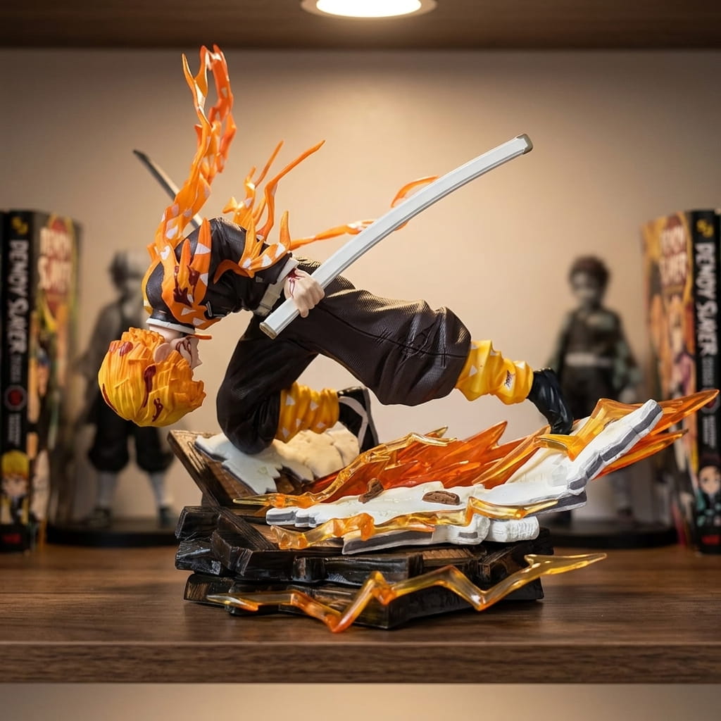 Demon Slayer Zenitsu figure 28 cm with blade drawn, almost horizontal, torn yellow and orange haori and a base of split wooden planks, on a shelf (decor not included)
