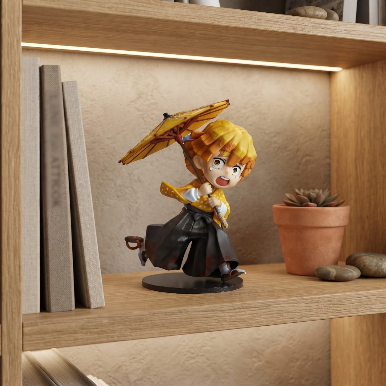 Figurine Zenitsu en yukata avec son ombrelle, exposée sur une étagère (décor non inclus)