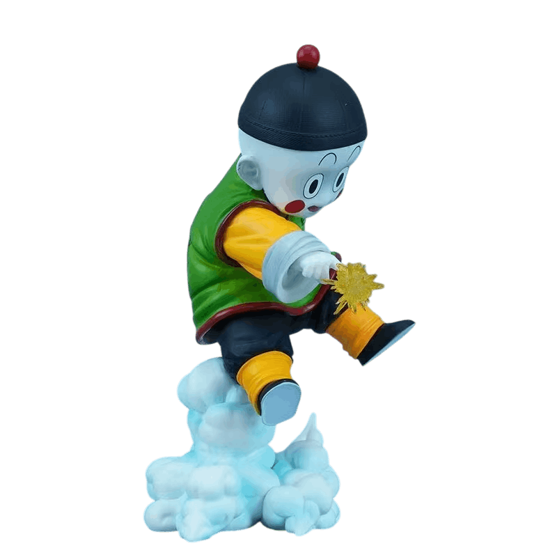 Figurine Chaozu vue de profil sur son socle nuage, bras tendu et éclat d'énergie translucide
