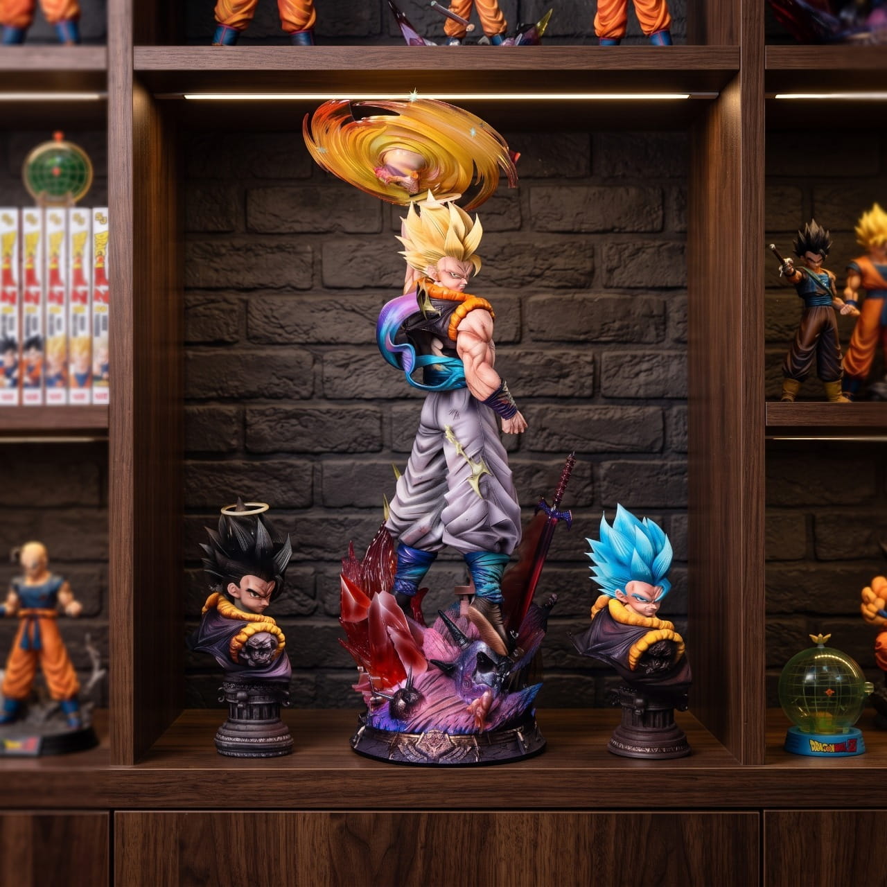 Figurine Gogeta 45 cm tetes interchangeables Dragon Ball - exposee sur une etagere (decor non inclus)