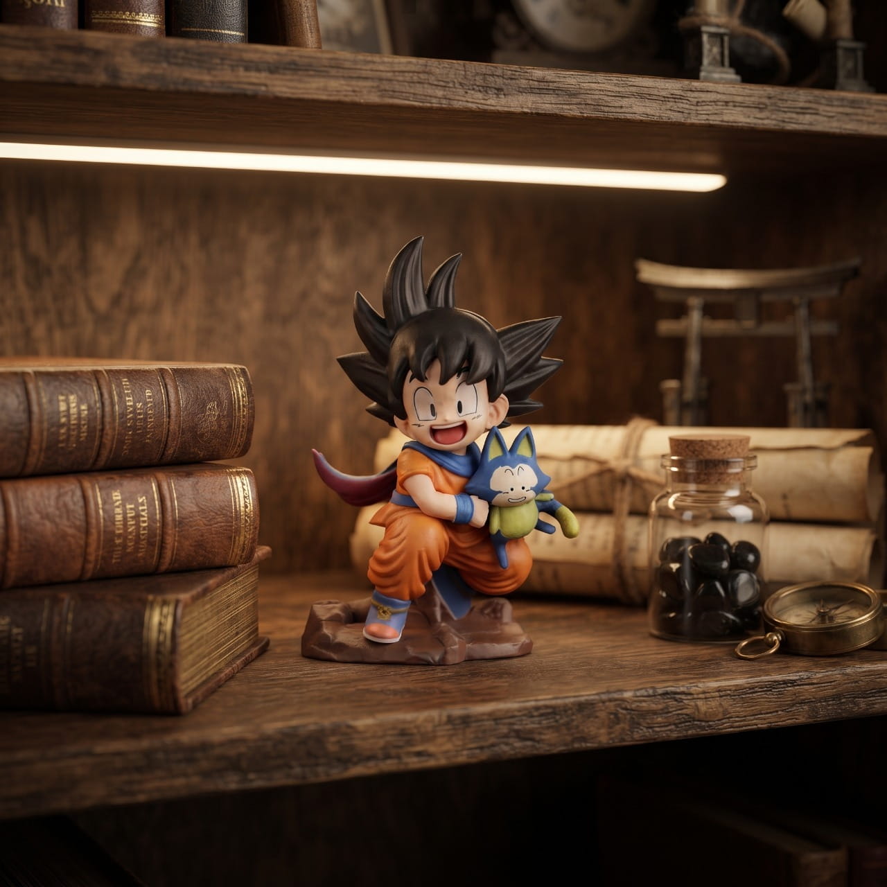 Figurine Goku enfant serrant Puar, posée sur une étagère en bois entre livres et boussole — Dragon Ball
