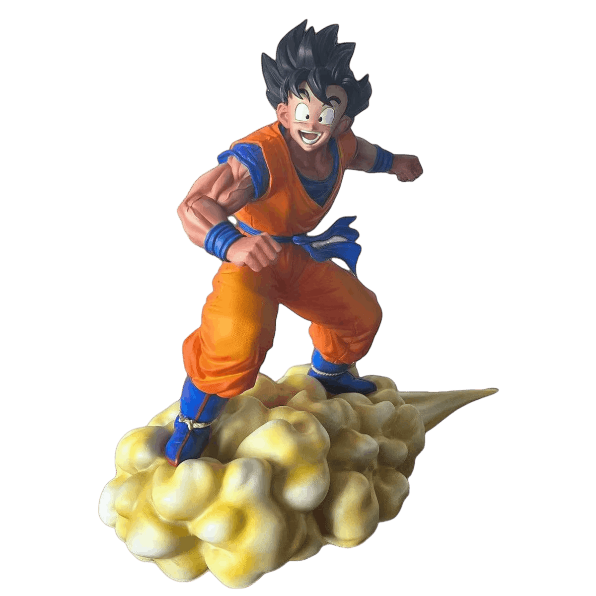 Figurine Goku sur le Nuage Magique détourée sur fond noir, vue de face, poings serrés