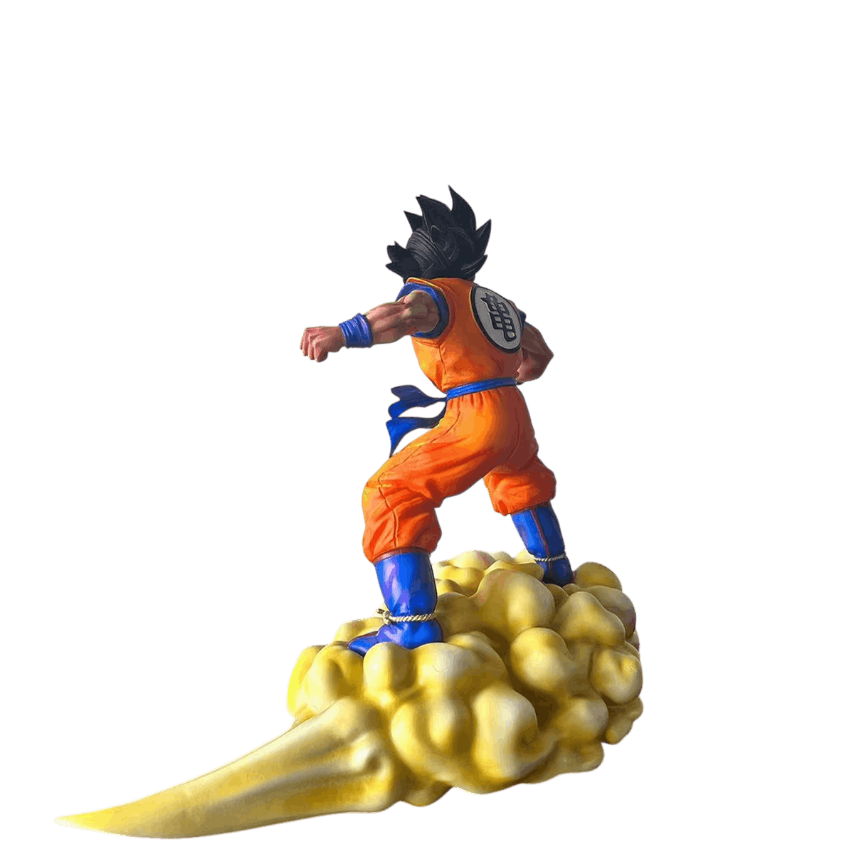 Figurine Goku sur le Nuage Magique vue de dos, dos du gi orange et volutes sculptées du nuage