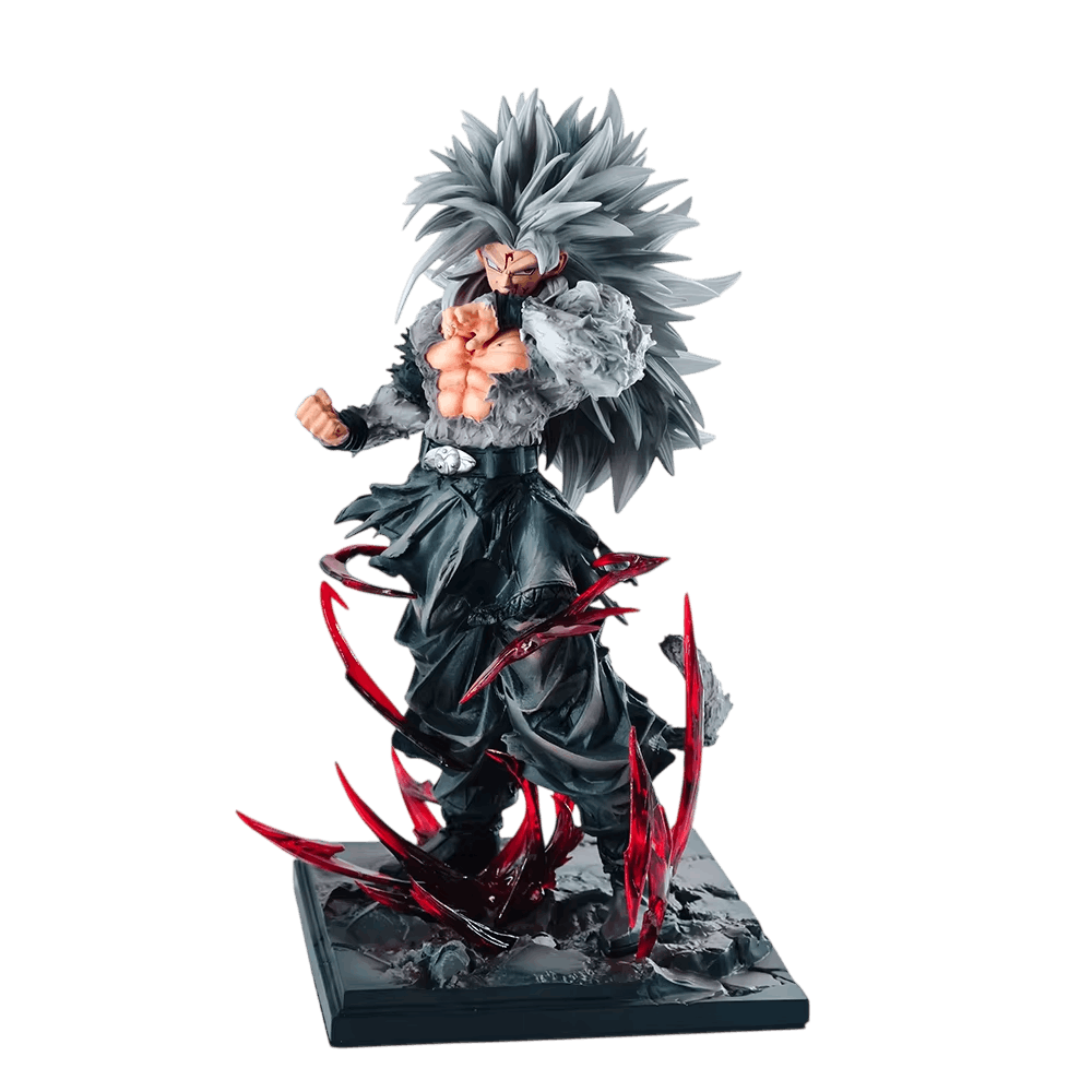 Figurine Goku Super Saiyan 5 détourée sur fond noir, vue de face, socle rectangulaire et éclats rouges translucides