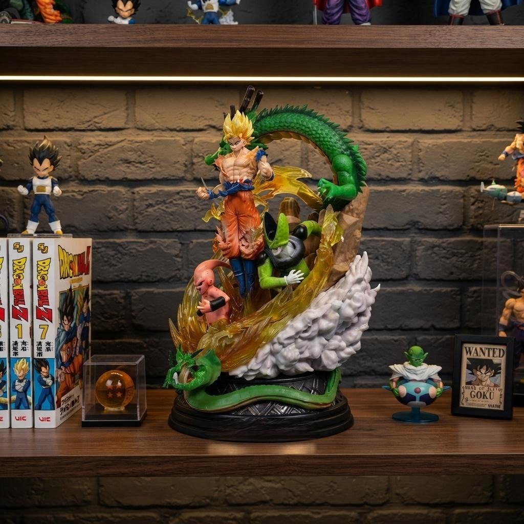 Diorama Goku Super Saiyan et Shenron Dragon Ball - exposee sur une etagere (decor non inclus)