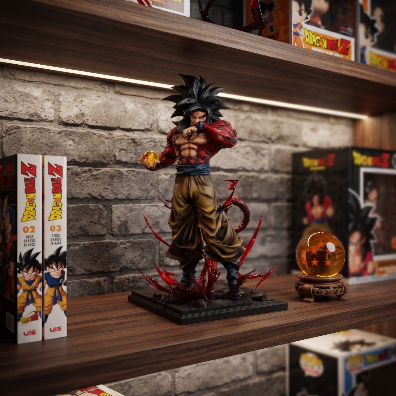 Figurine Goku Super Saiyan 4 - exposee sur une etagere (decor non inclus)