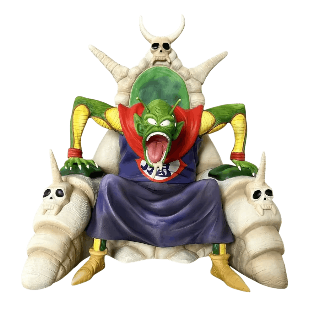 Figurine Piccolo Daimaô Dragon Ball de face : bouche grande ouverte, col rouge, tunique violette, trône de crânes et de cornes