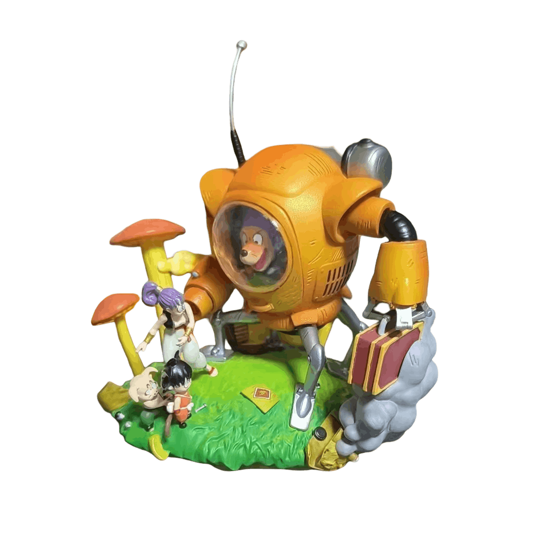 Diorama du robot de Shu détouré sur fond noir, vue de face, fumée grise et pince mécanique