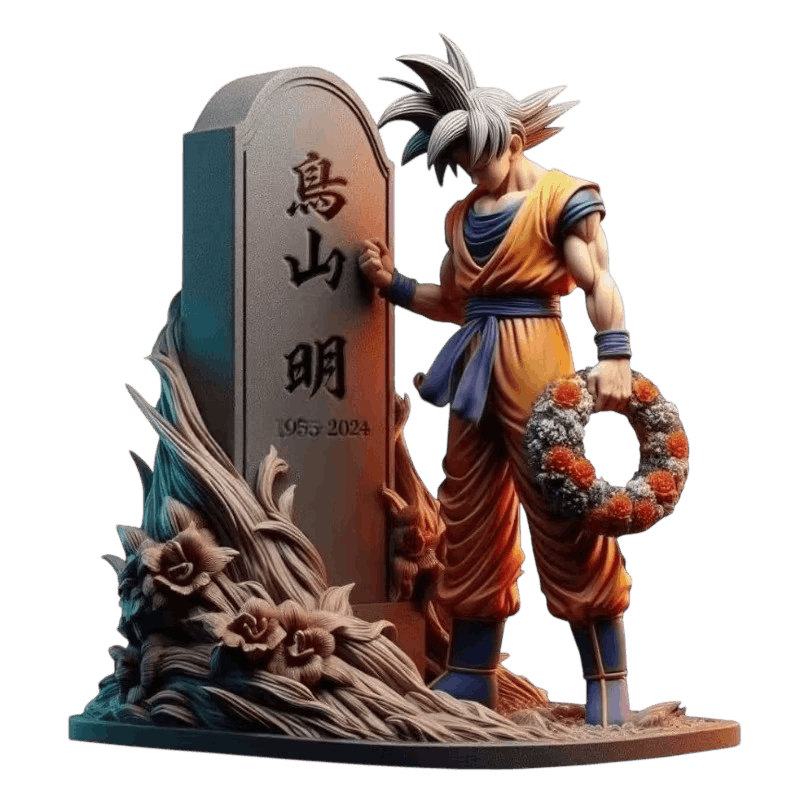 Figurine Son Goku (Dragon Ball), 23 cm, stèle gravée et couronne de fleurs blanches sculptées — détourée, vue sans décor.