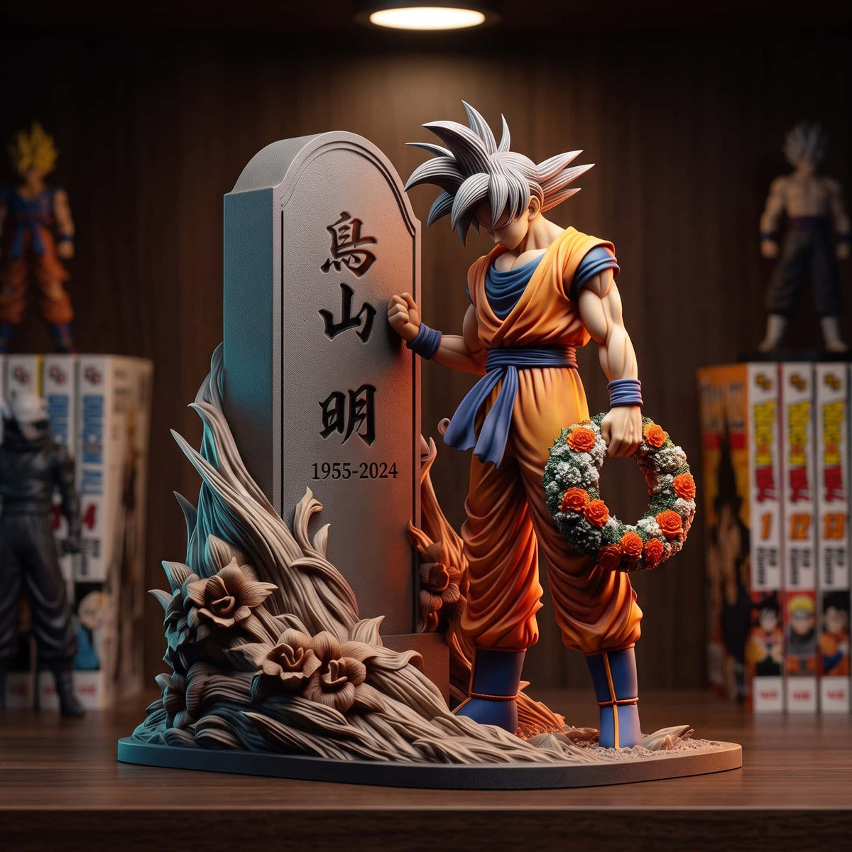 Figurine Son Goku (Dragon Ball), 23 cm, une composition calme et asymétrique — posée sur une étagère en bois.
