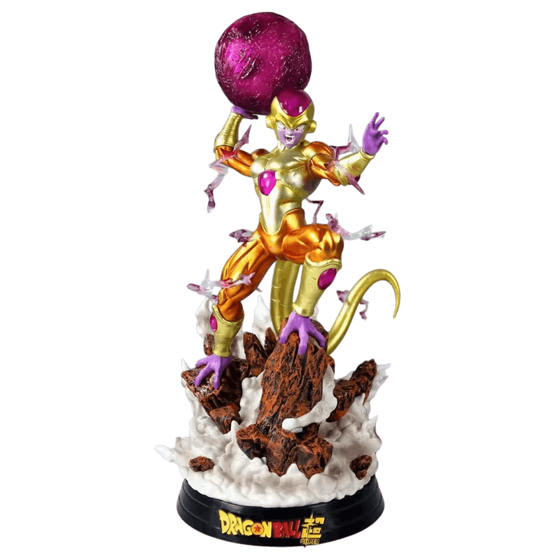 Figurine Frieza doré détourée sur fond noir, vue de face, éclats d'énergie translucides autour du corps