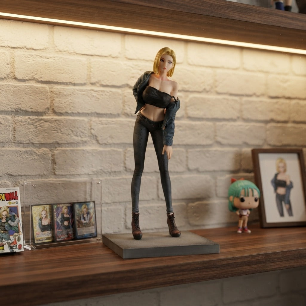 Figurine C-18 Dragon Ball Z exposée sur une étagère (décor non inclus)