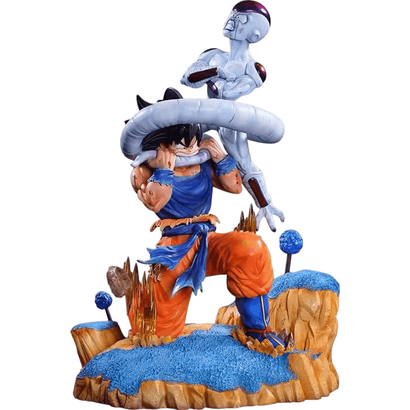 Diorama Goku et la queue de Frieza détouré sur fond noir, vue de face, gi déchiré et coupures peintes