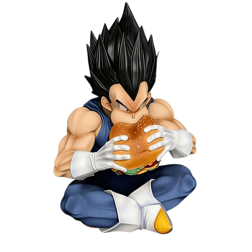 Figurine de Vegeta assis en tailleur mordant dans un burger, gants blancs et sourcils froncés, détourée sur fond noir