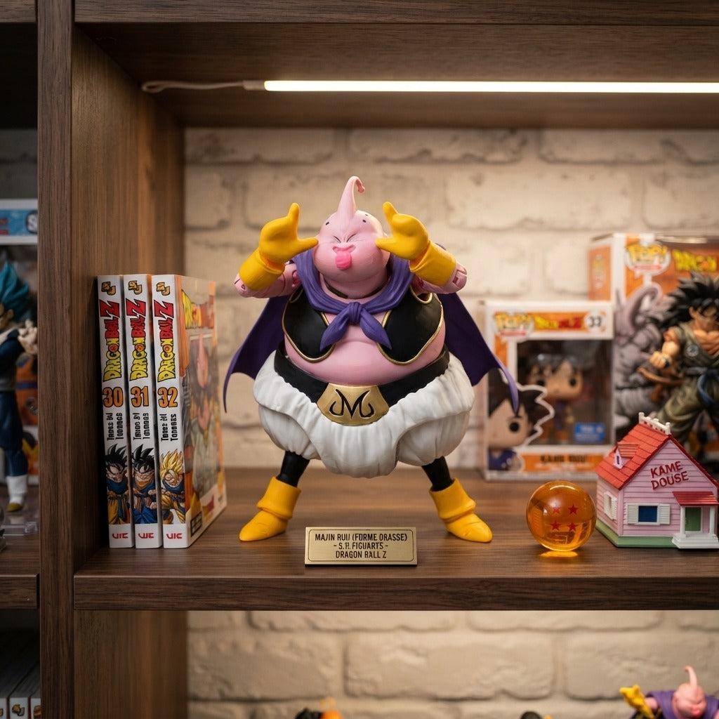 Figurine Majin Buu Dragon Ball Z exposée sur une étagère (décor non inclus)