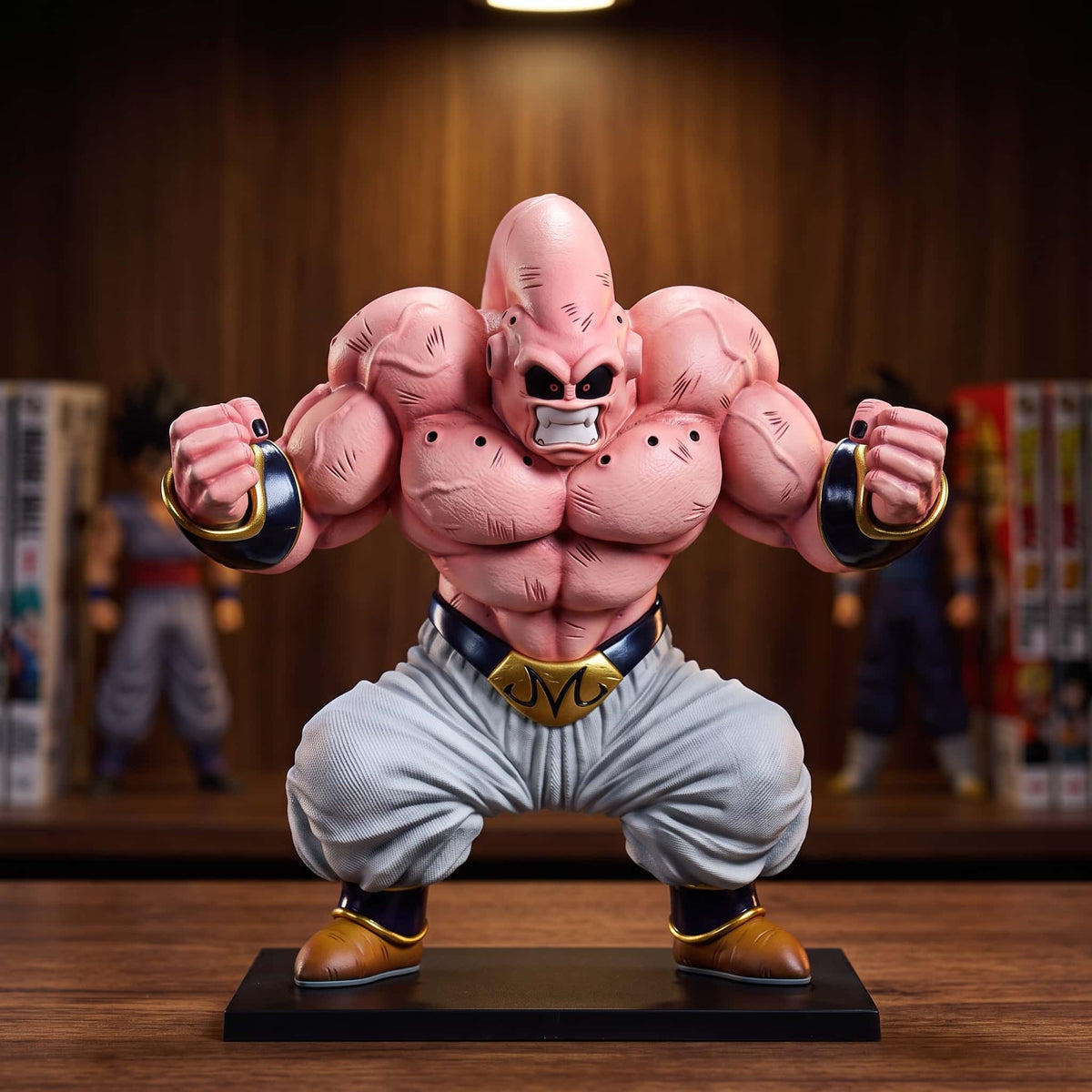 Figurine de Majin Buu dans sa forme musculeuse, 24 cm, poings serrés et ceinture M dorée, posée sur une étagère en bois sombre