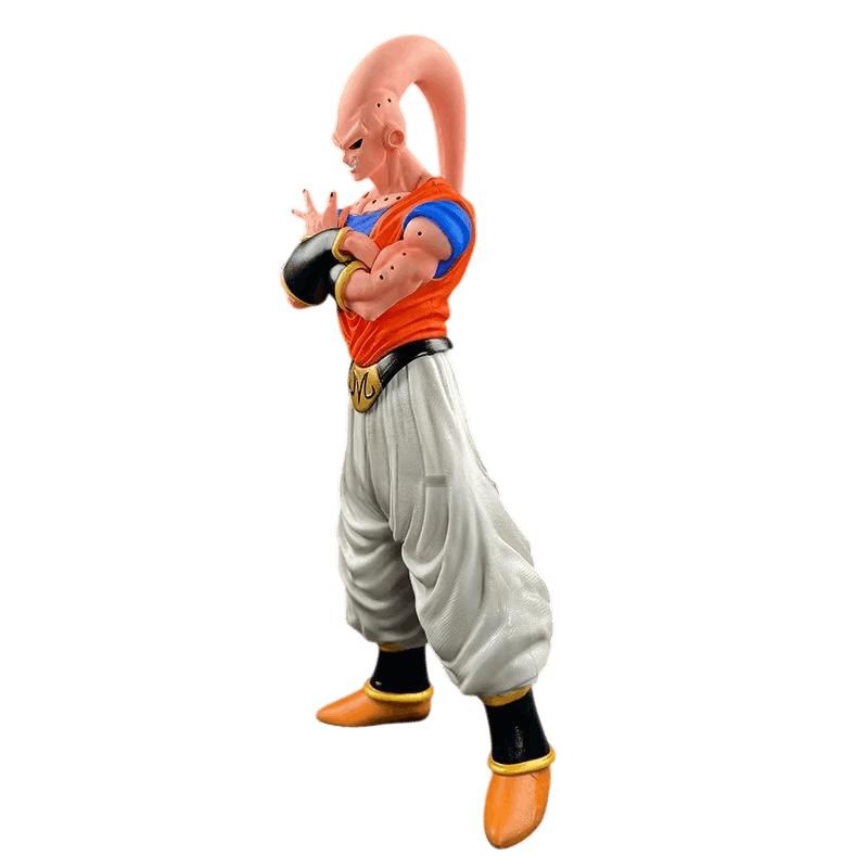 Figurine Majin Buu Gohan absorbé vue de profil, antenne rose repliée en arc et plis du pantalon blanc