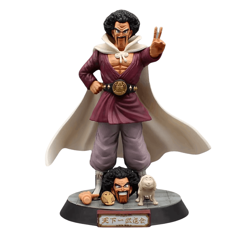 Figurine Mr Satan détourée sur fond noir, cape ouverte, socle du tournoi avec la seconde tête grimaçante, la médaille dorée et le petit chien