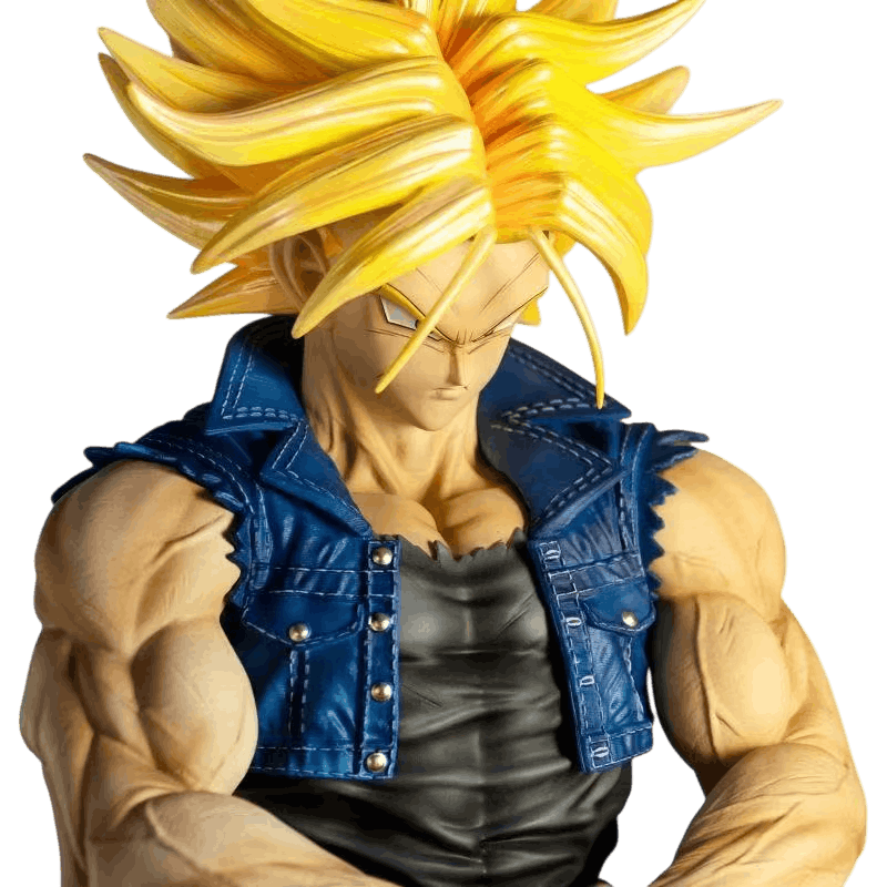 Buste de la figurine Trunks du Futur, gilet en jean ouvert sur un débardeur noir et cheveux dorés