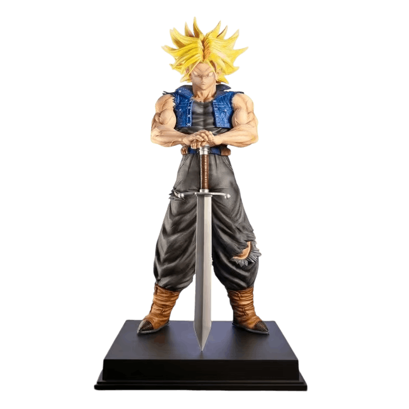 Figurine Trunks du Futur détourée sur fond noir, vue de face sur son socle noir laqué, épée plantée
