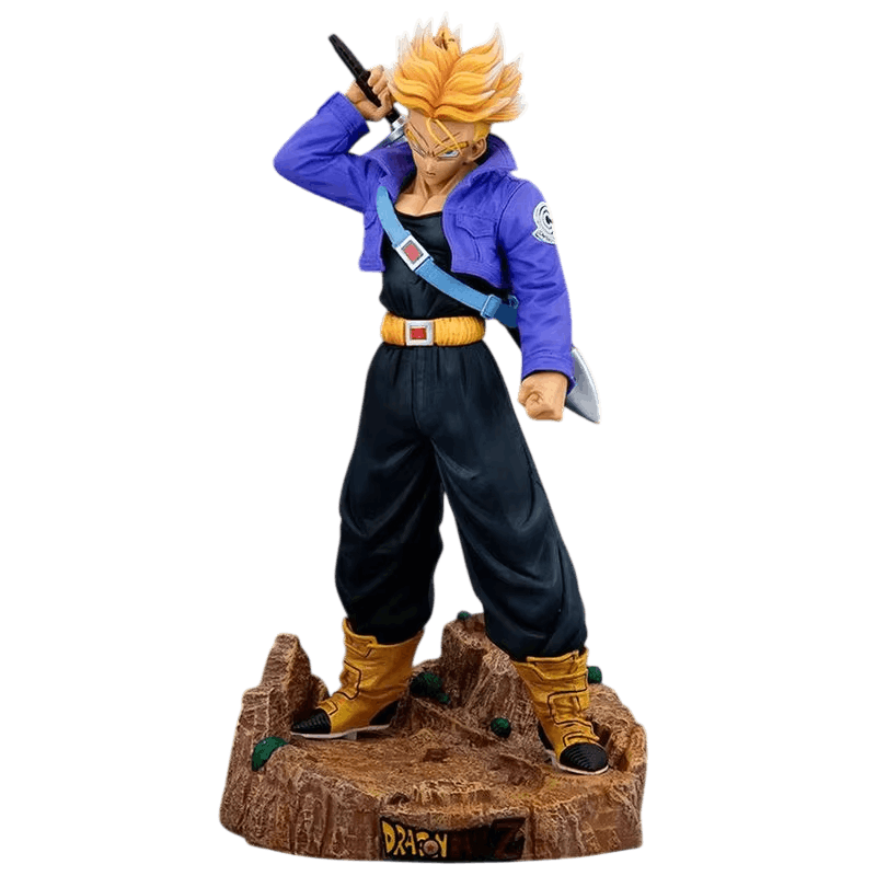 Figurine Trunks du Futur Super Saiyan détourée sur fond noir, vue de face en train de dégainer